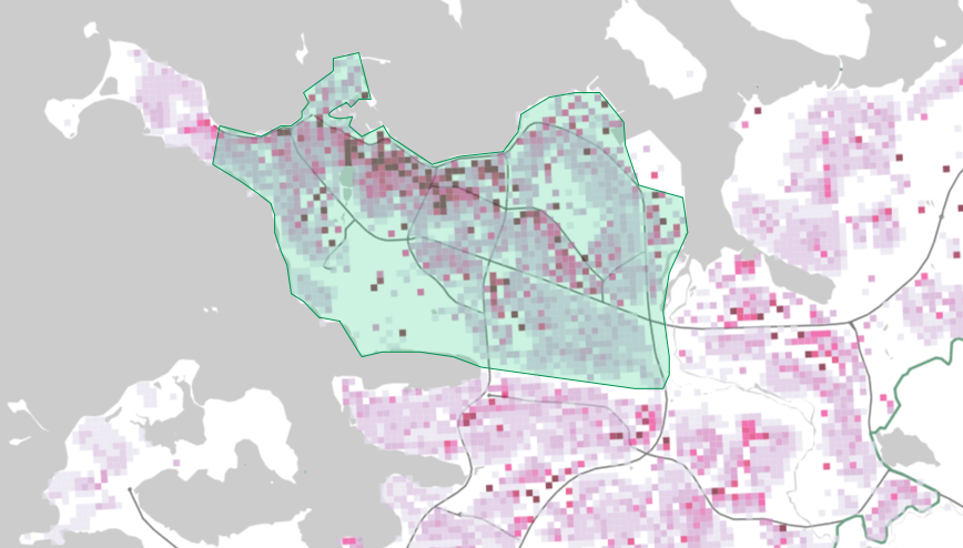 Image shows density of building square meters per hectare of land. Data from ssh.is. The phase 1 geofence is the green area. http://www.ssh.is/husnaedi/thettleiki